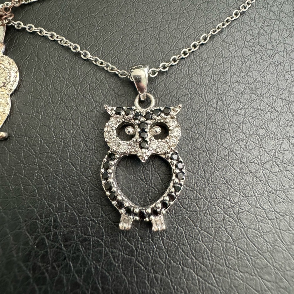 3 separate owl necklaces, silver and rose gold chains
